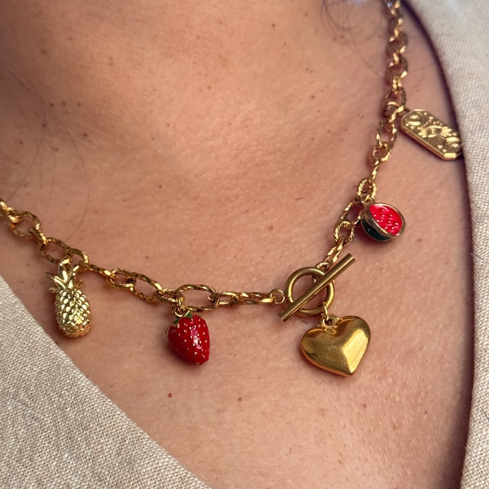 Gold Charm Necklace with Red Accents
